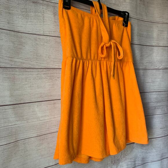 Wild Fable Orange Terry Cloth Romper Short Outfit Bow Front Keyhole Halter Tie S - Picture 11 of 11